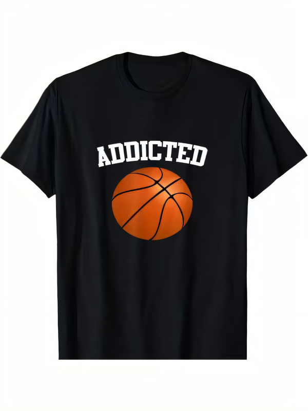 Mens Fashion Black Shirt - Basketball Addicted Graphic Print T-Shirt Men