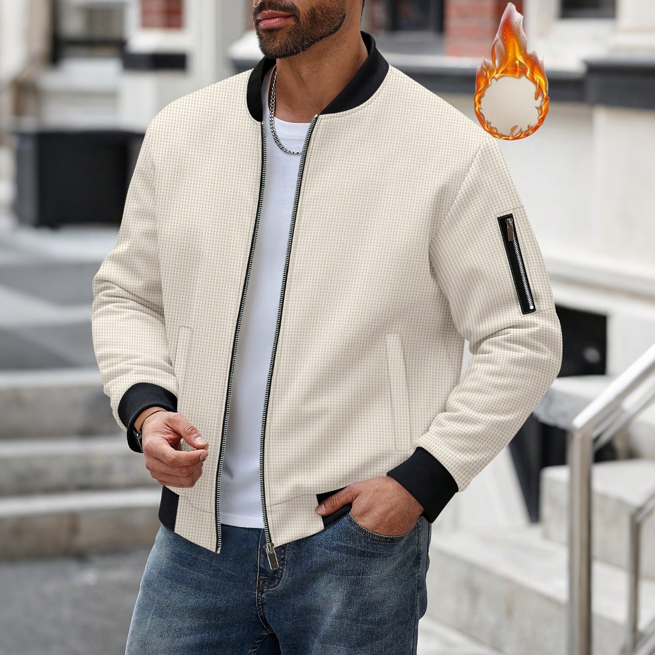 Mens Fashion Bomber Jacket - Men's Waffle Textured Thermal Bomber Jacket