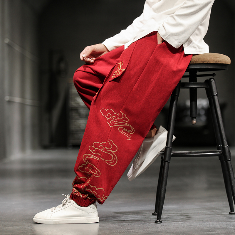 Chinese Style Retro Auspicious - Men'S Fashion Linen Pants ulasan dan harga