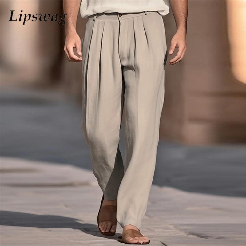 Casual Breathable Solid Color  - Men'S Fashion Linen Pants ulasan dan harga