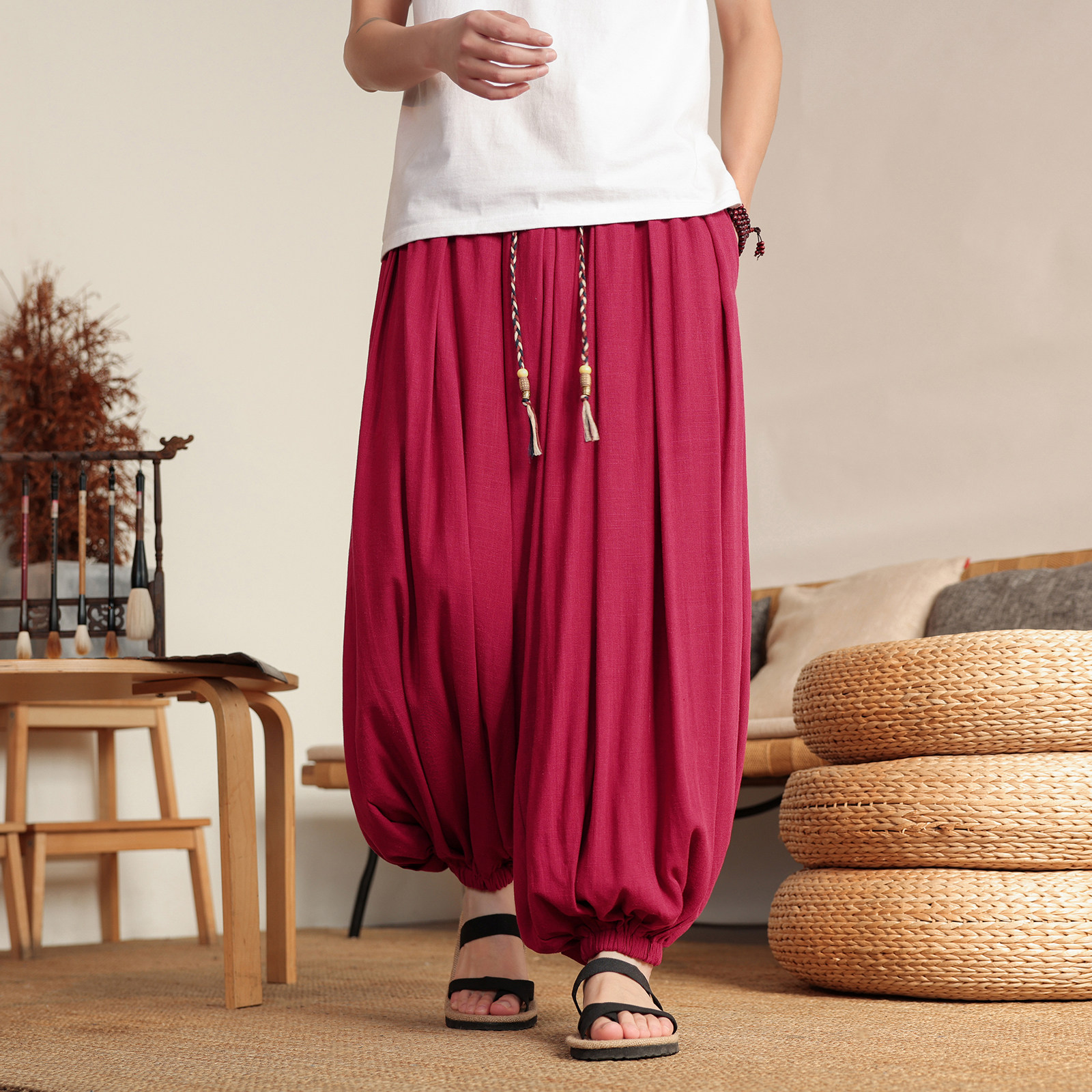 Linen Lantern Pants Men Solid  - Men'S Fashion Linen Pants ulasan dan harga