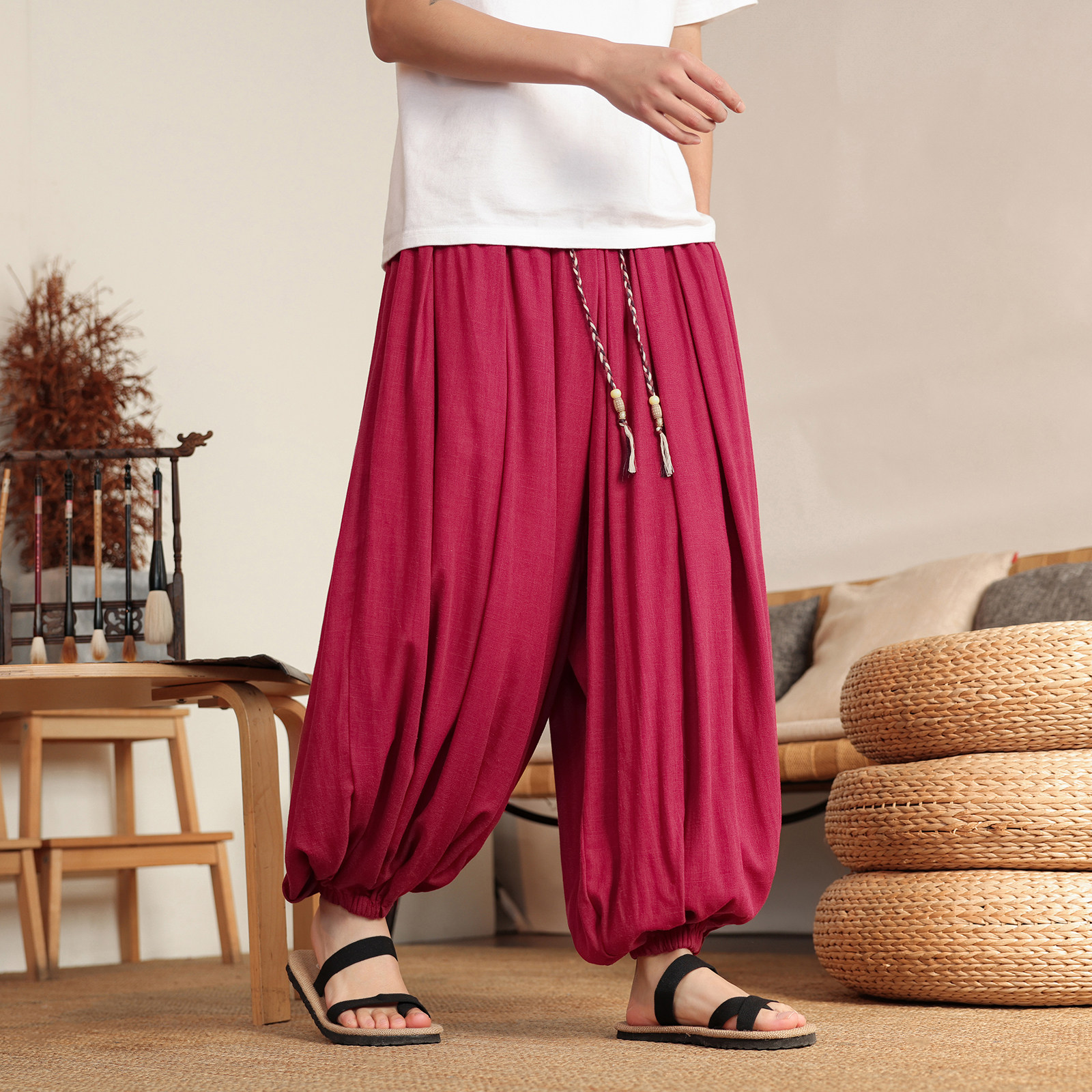 Linen Lantern Pants Men Solid  - Men'S Fashion Linen Pants ulasan dan harga