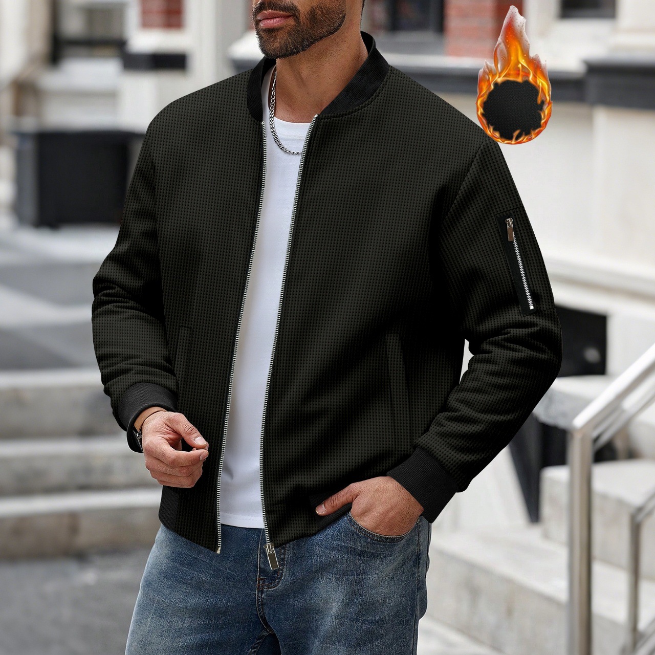 Men's Waffle Textured Thermal  - Mens Fashion Bomber Jacket ulasan dan harga
