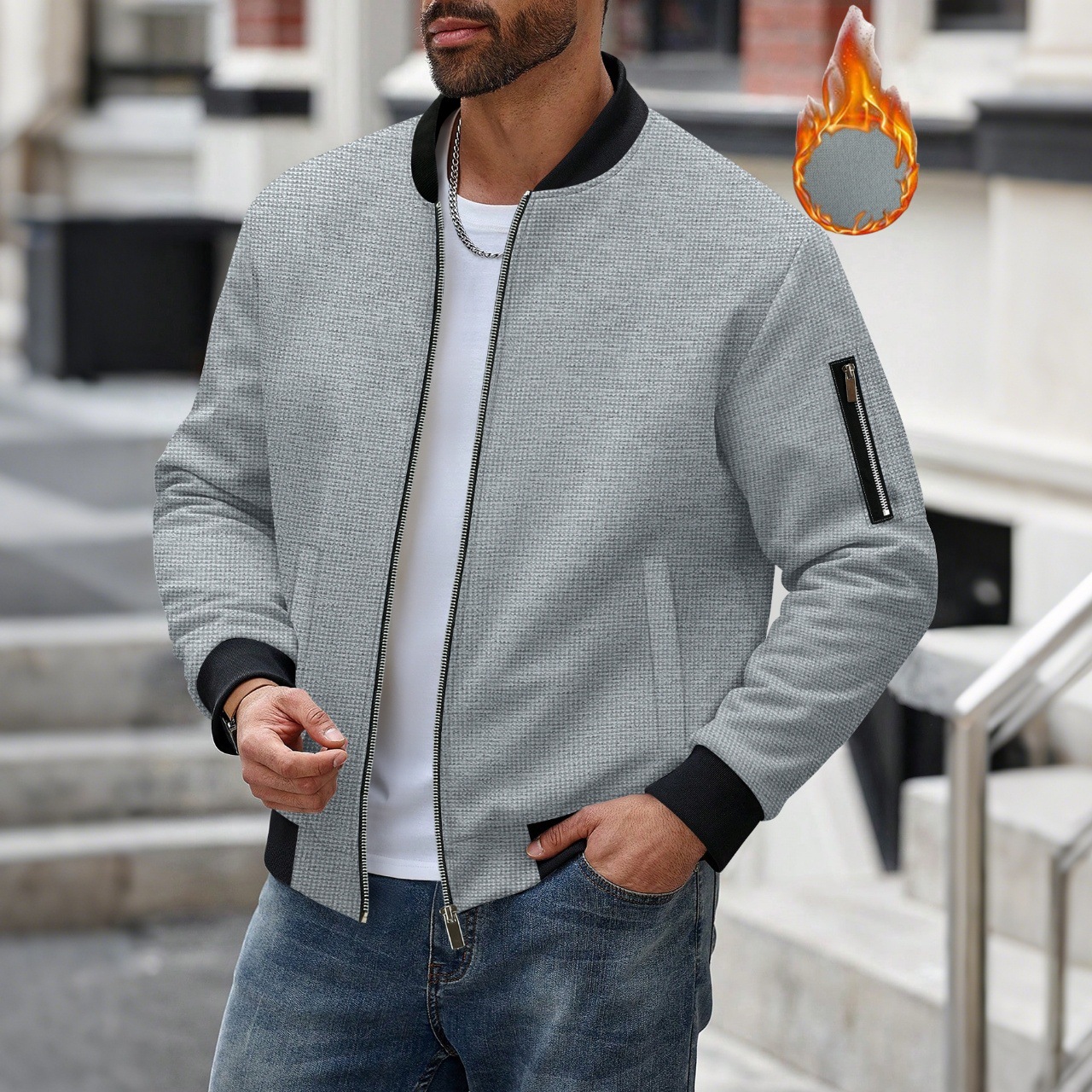Men's Waffle Textured Thermal  - Mens Fashion Bomber Jacket ulasan dan harga