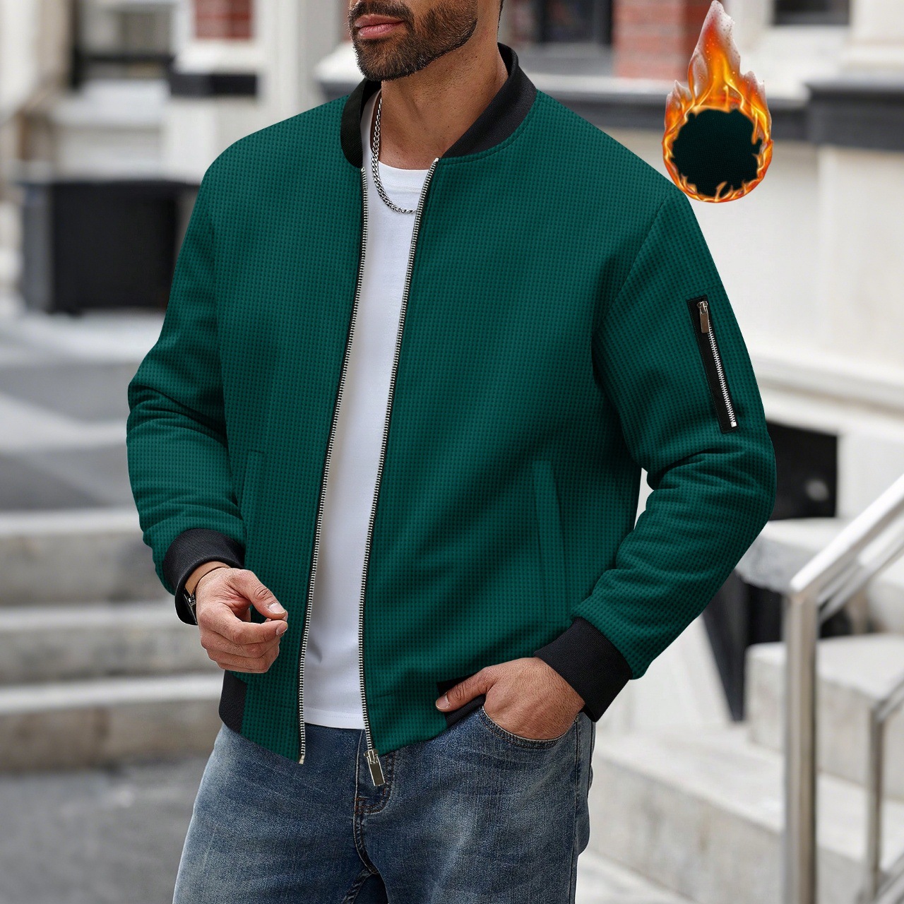 Men's Waffle Textured Thermal  - Mens Fashion Bomber Jacket ulasan dan harga