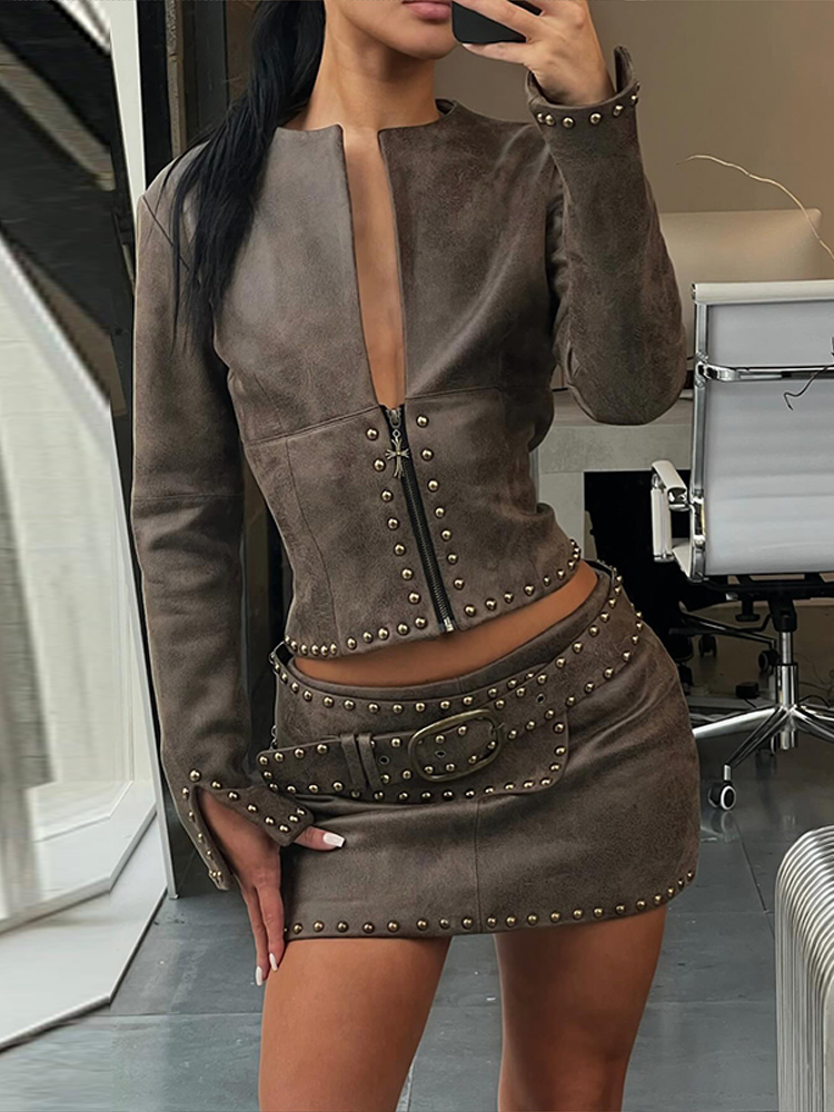 Y2k Leather Skirt Set Women Ri - Belt Mens Fashion ulasan dan harga